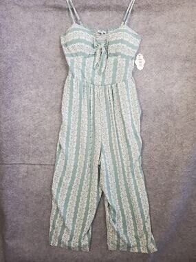 NWT Women's A.U.W. Secret Charm Large Green & Cream Strappy Cropped Romper